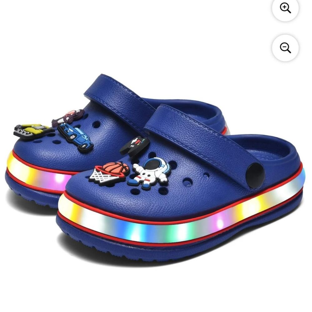 LED Kid's Clogs Garden Shoe Sandals Dark Blue Light Up Charms US Kids 10 Eu 27